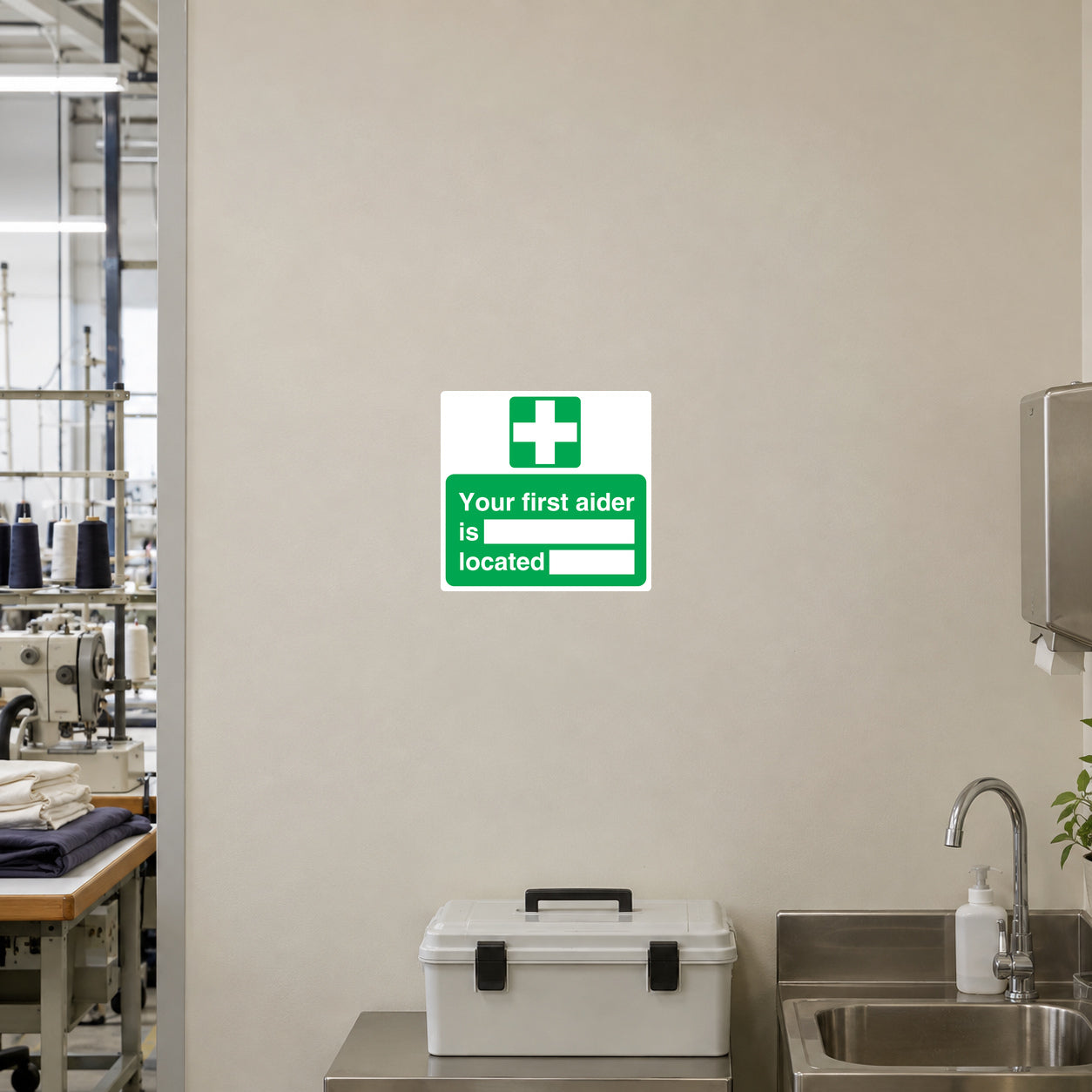First aider location sticker: white square with green cross and text in a green outline