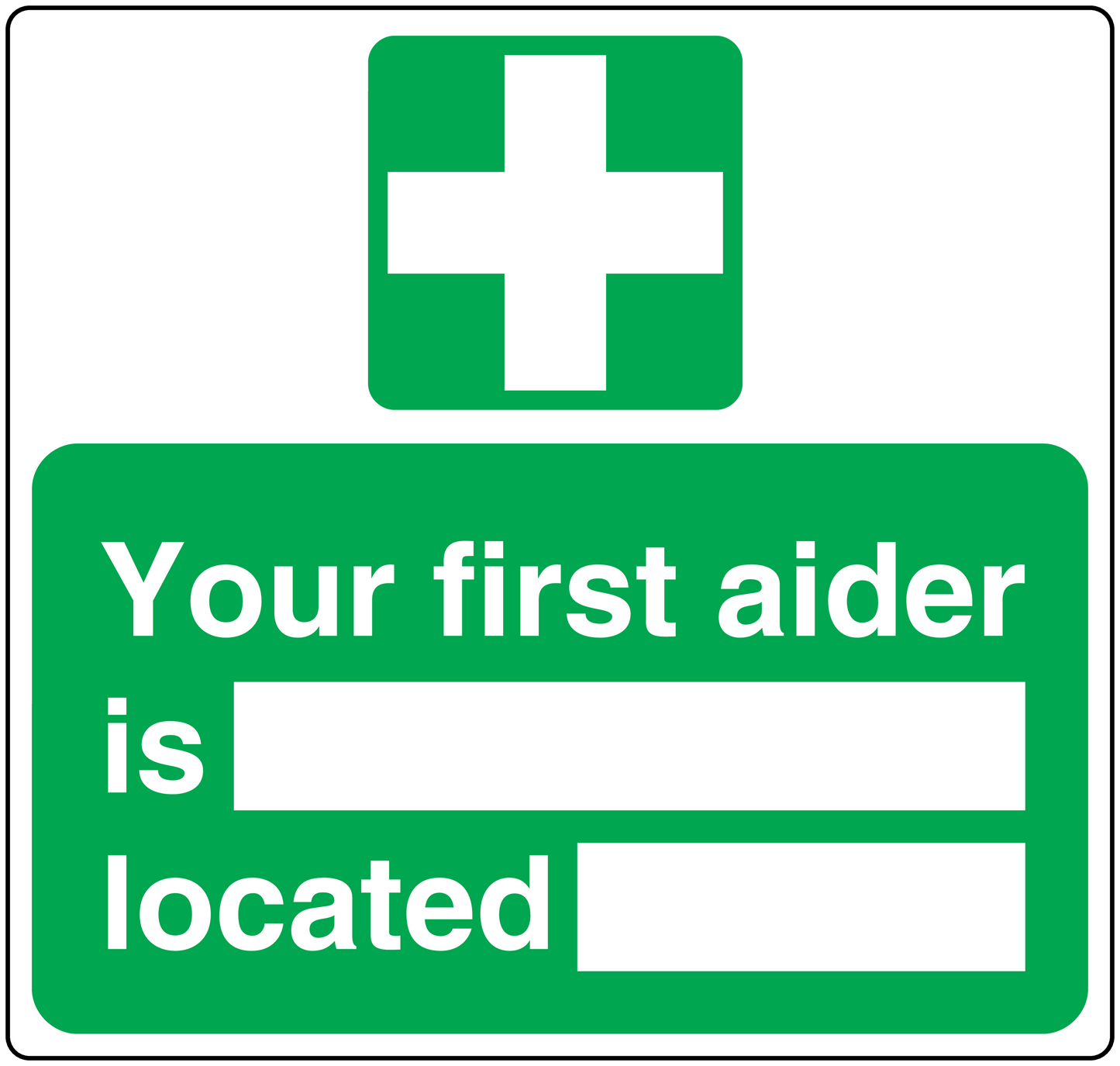 Green first aid location sticker with white cross and 'Your first aider is located' text