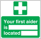 Green first aid location sticker with white cross and 'Your first aider is located' text