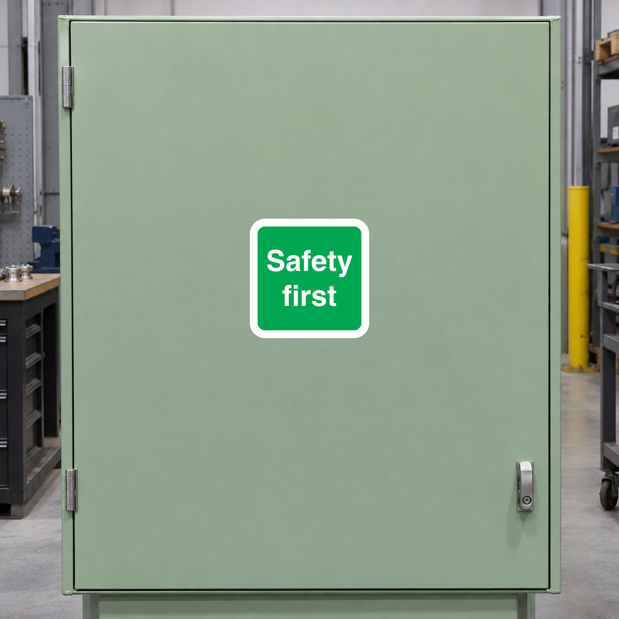 Safety first sign sticker: green text on white bordered square