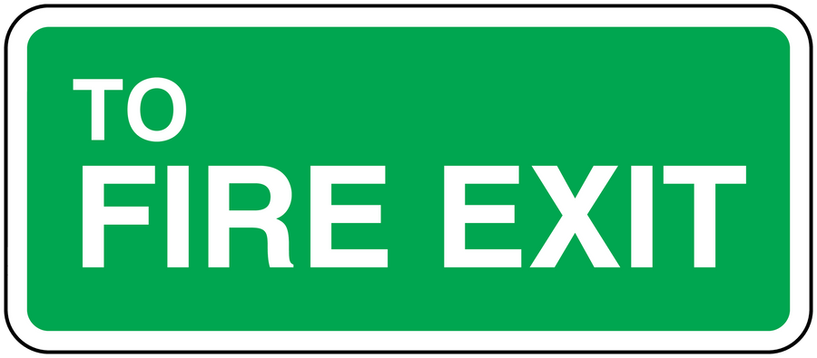 Fire exit sticker with white text “TO FIRE EXIT” on green background, white border