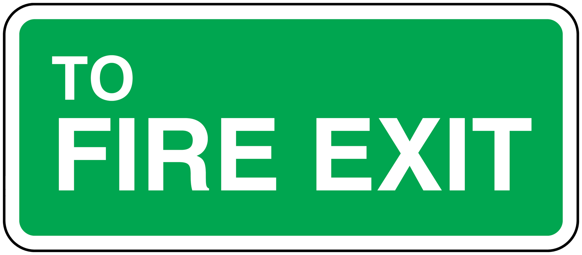 Fire exit sticker with white text “TO FIRE EXIT” on green background, white border