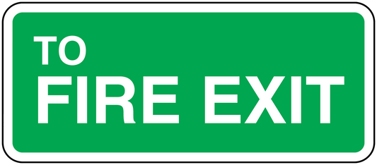 Fire exit sticker with white text “TO FIRE EXIT” on green background, white border