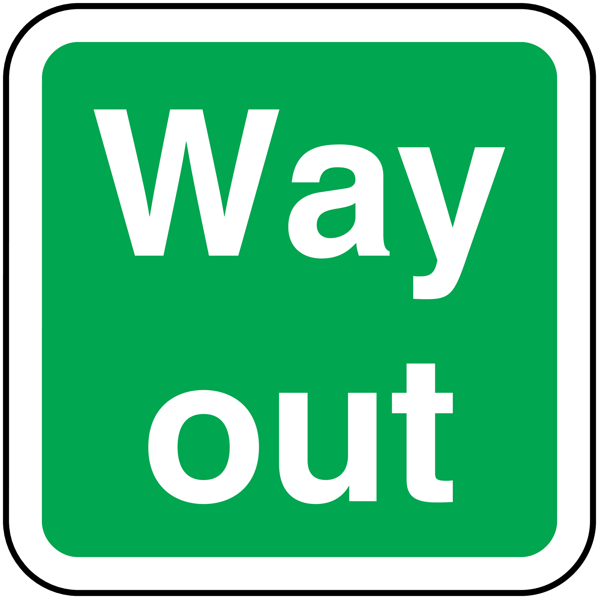 Green square sticker with white border and large 'Way Out' text