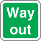 Green square sticker with white border and large 'Way Out' text