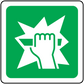 Green square electric fence warning sticker with white hand and lightning bolt icon