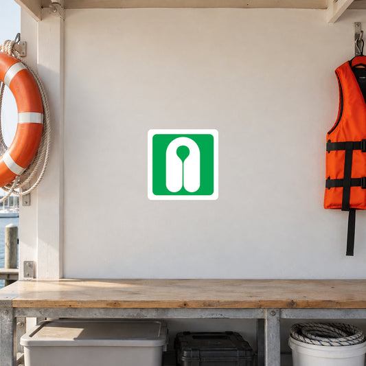 Green life jacket safety sticker with white outline icon on square label