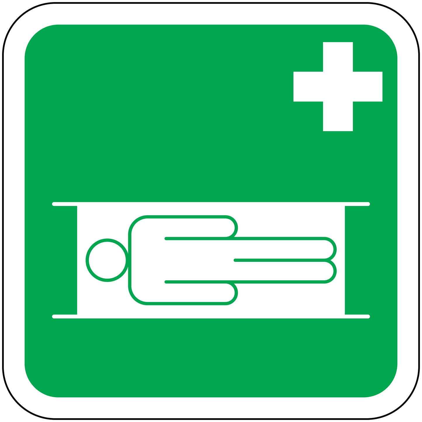 Green medical stretcher sticker with white border and stretcher icon