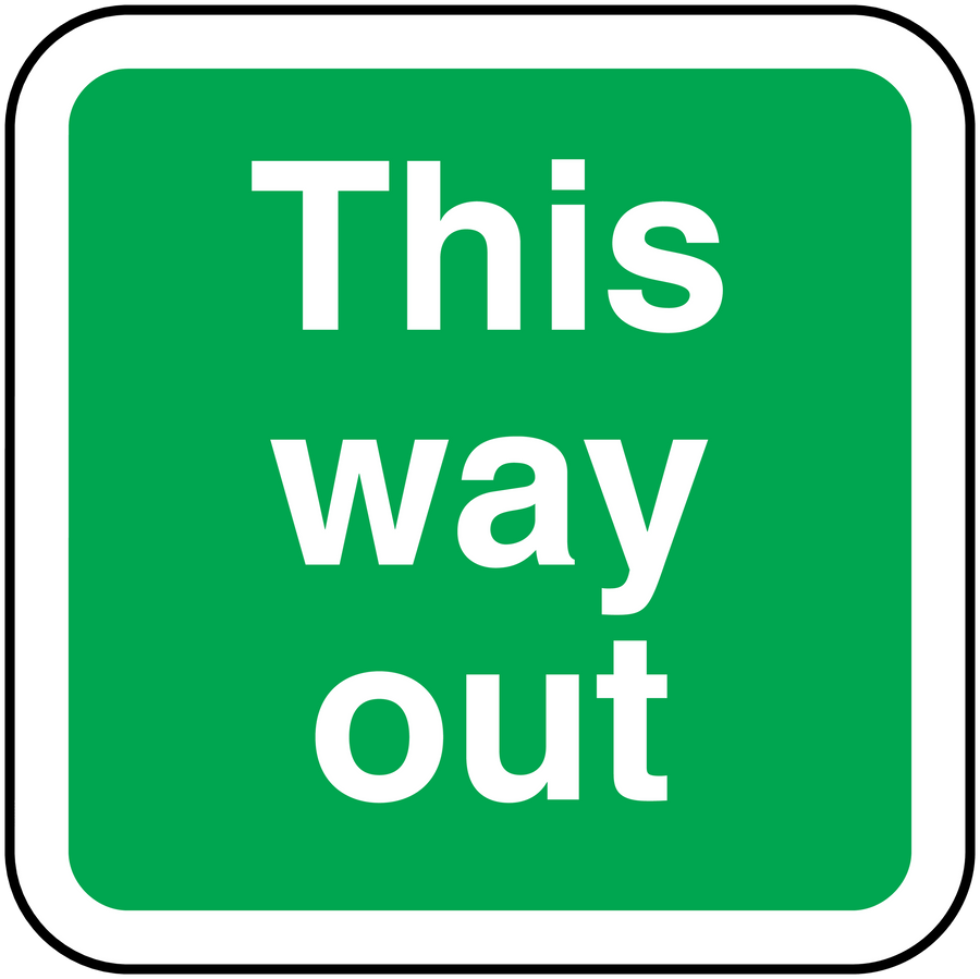 Green square sticker with white text: This Way out