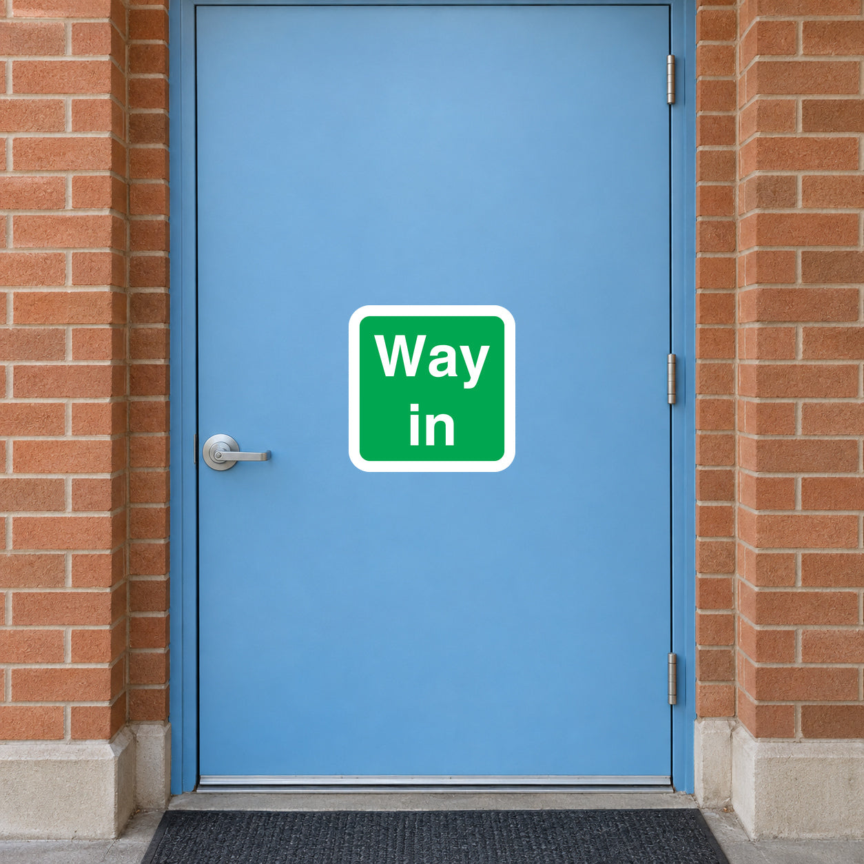 Way in door sticker with green square and white 'Way in' text