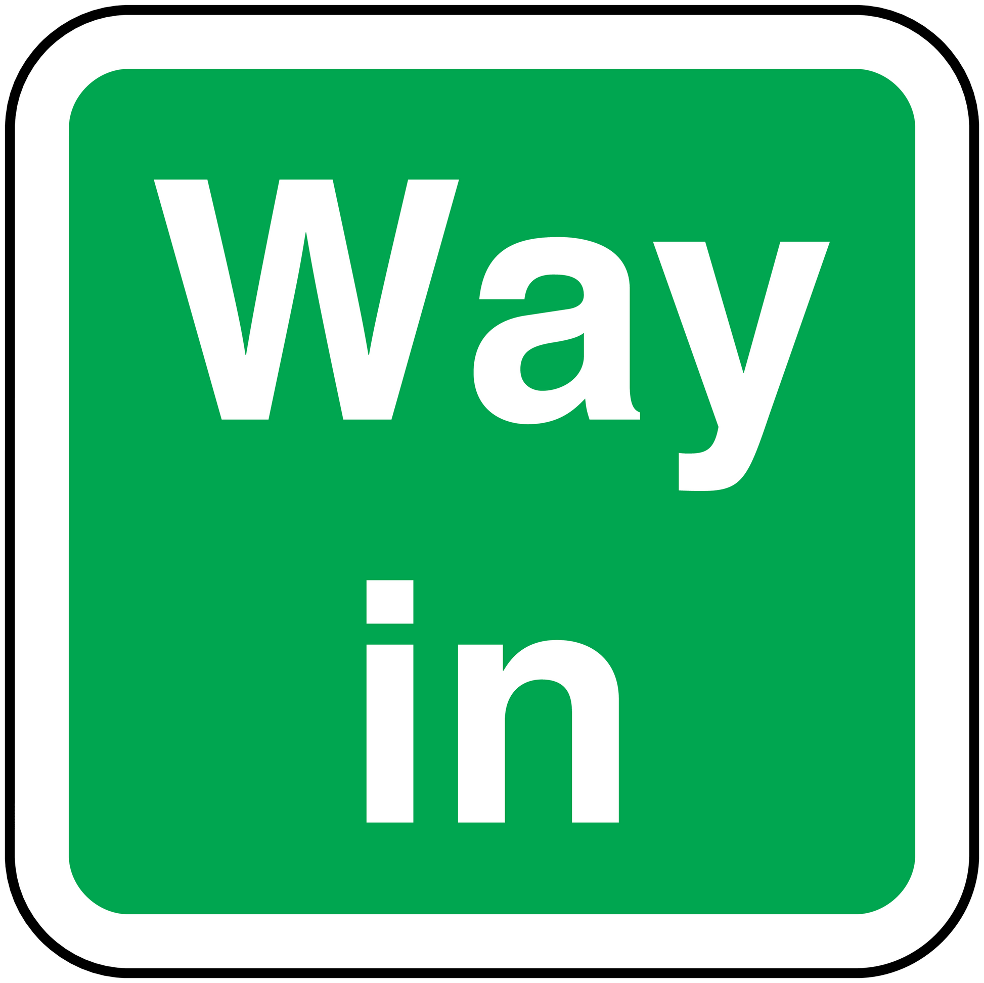 Way in sticker: green square with white "Way" and "in" text