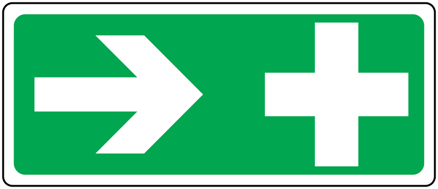 Aid Right sticker, green rectangle with white right arrow and cross