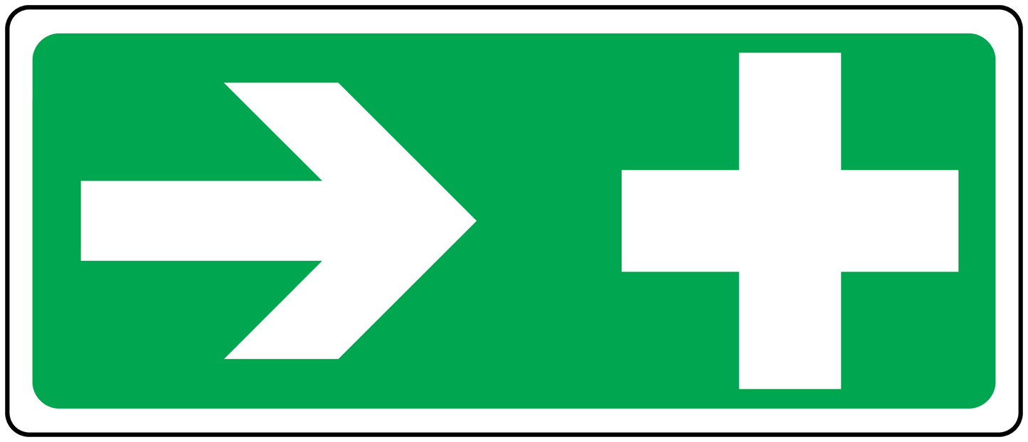 Aid Right sticker, green rectangle with white right arrow and cross