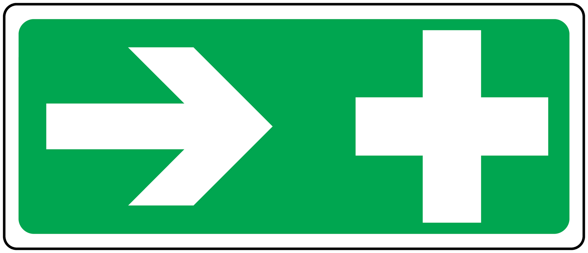 Aid Right sticker, green rectangle with white right arrow and cross