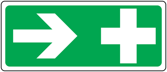 Aid Right sticker, green rectangle with white right arrow and cross