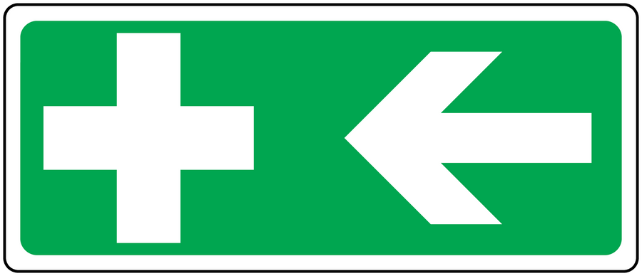 Green left aid sticker with white cross and left arrow