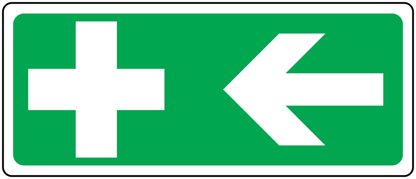 Green left aid sticker with white cross and left arrow
