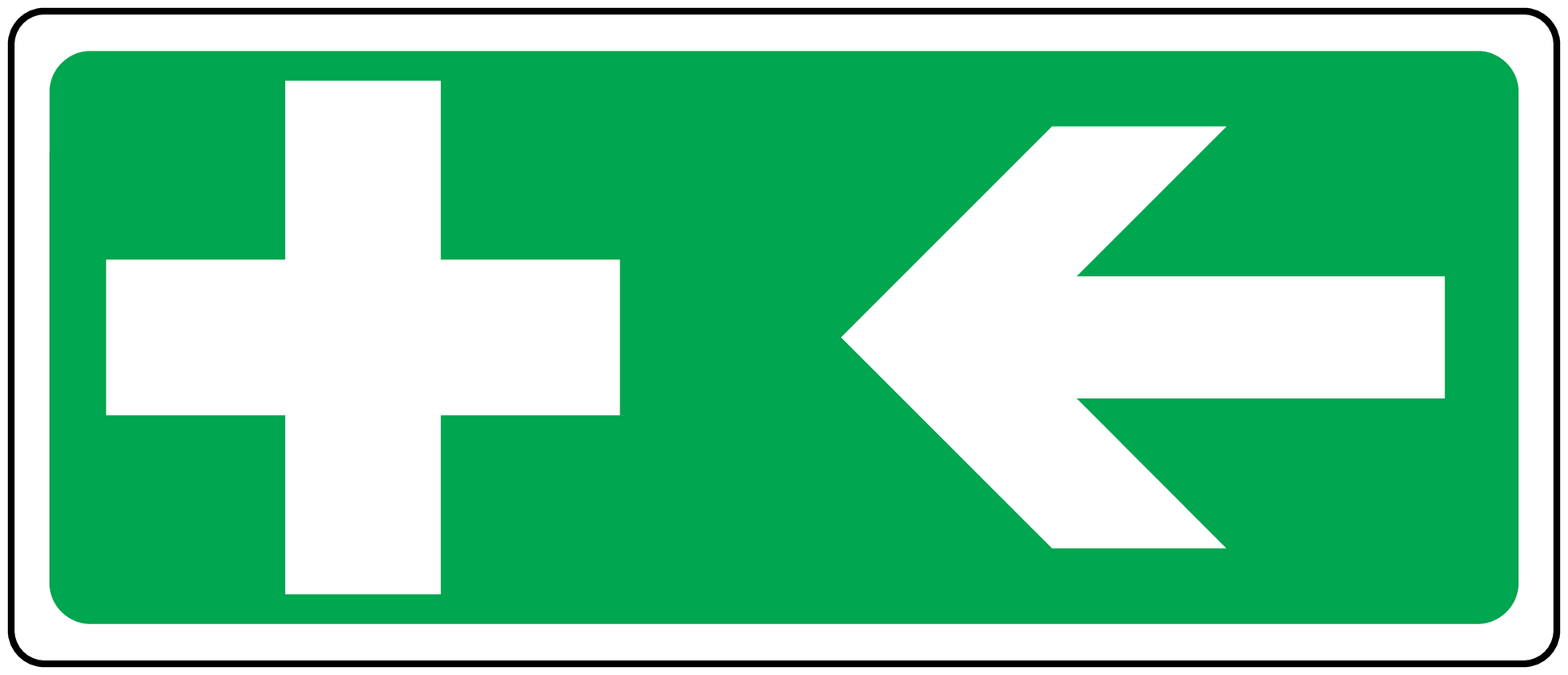 Green left aid sticker with white cross and left arrow
