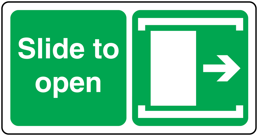 Green slide-to-open safety sign sticker with right arrow graphic