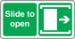 Green slide-to-open safety sign sticker with right arrow graphic