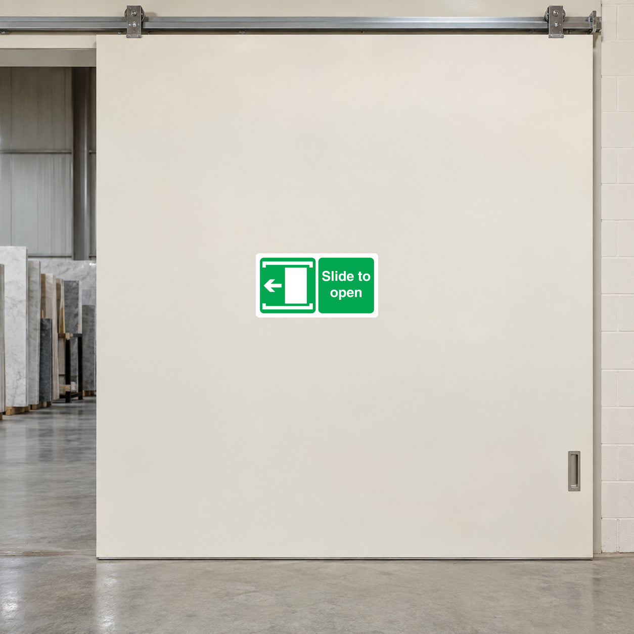 Safety sign sticker: green slide-to-open door icon and text