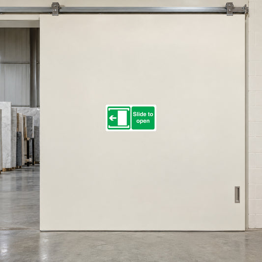 Safety sign sticker: green slide-to-open door icon and text