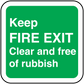Green fire exit clear and free of rubbish safety sign sticker with white text