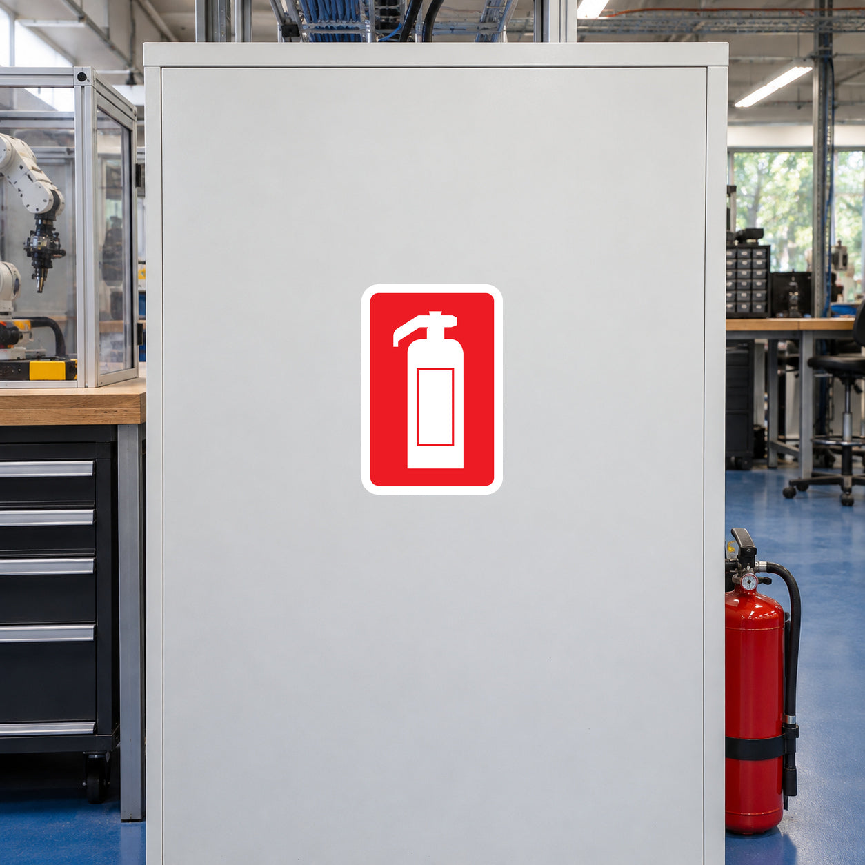 Fire extinguisher sticker, white rectangle with red extinguisher pictogram