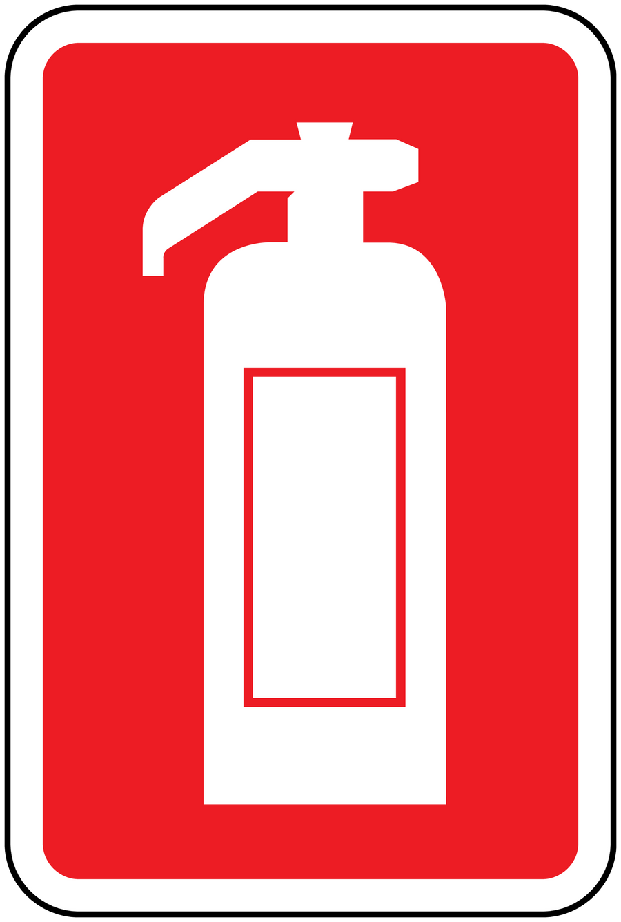 Fire extinguisher warning sticker with red background and white extinguisher icon in rounded square