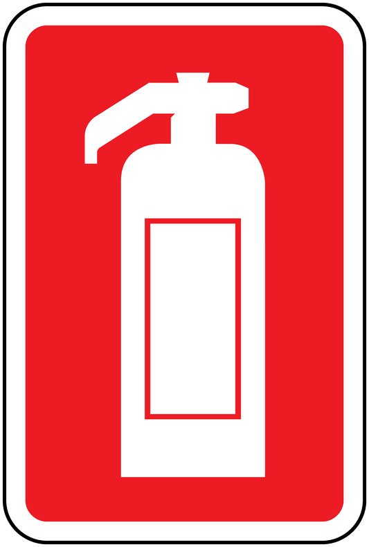 Fire extinguisher warning sticker with red background and white extinguisher icon in rounded square