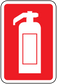 Fire extinguisher warning sticker with red background and white extinguisher icon in rounded square