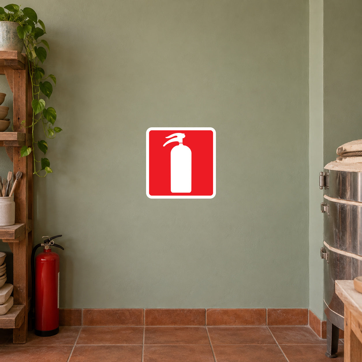 Fire safety sign sticker with red background and white fire extinguisher icon