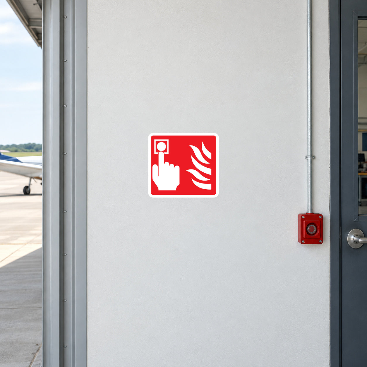 Fire button location sticker with red fire alarm icon on light metal door