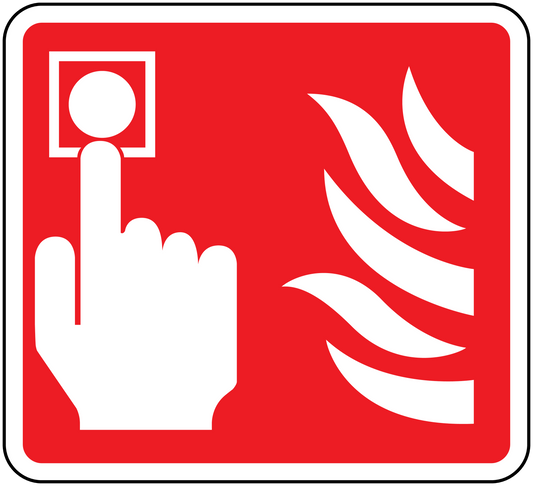 Fire button location sticker with red background and white hand and flame icons