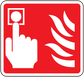 Fire button location sticker with red background and white hand and flame icons