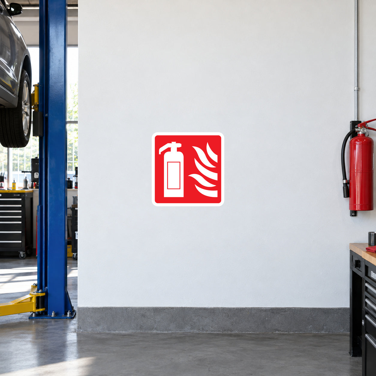 Fire extinguisher here sticker with red extinguisher and flame icon on white
