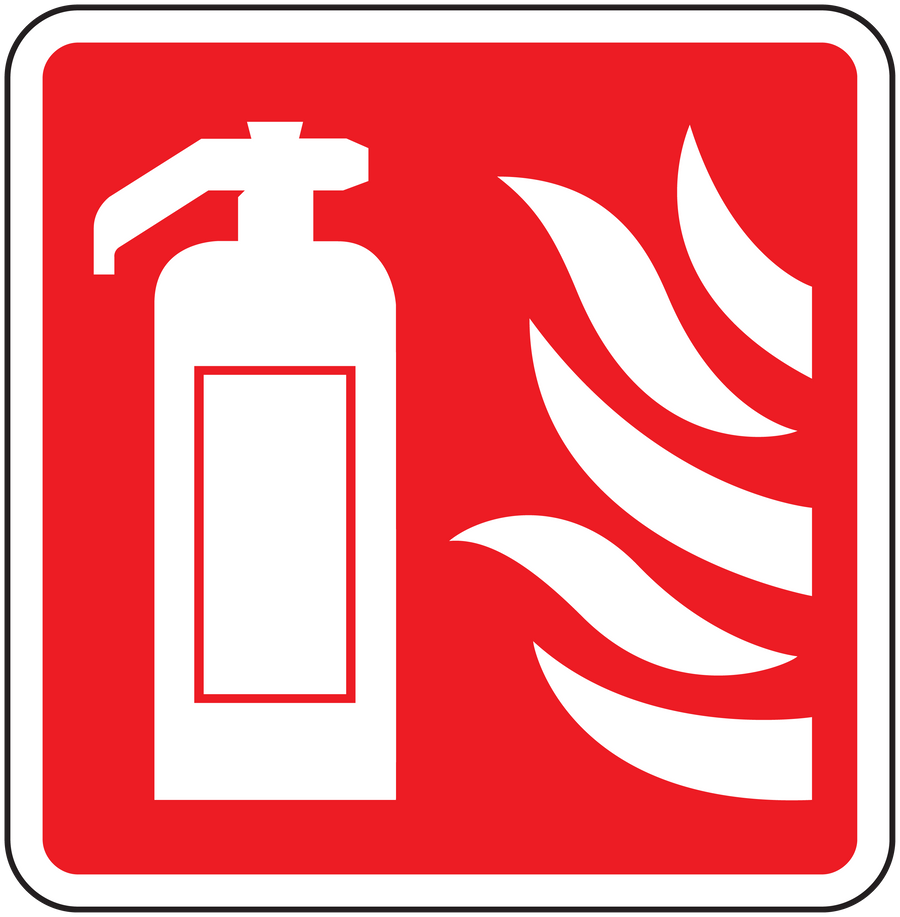Fire extinguisher here sign sticker, red square with white extinguisher and flame icon