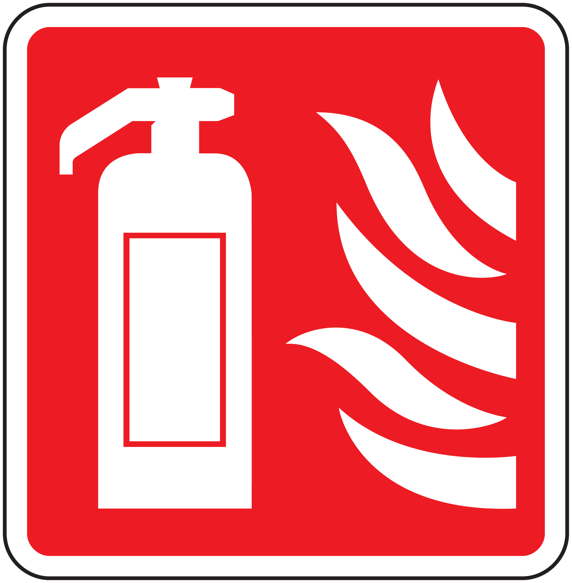 Fire extinguisher here sign sticker, red square with white extinguisher and flame icon