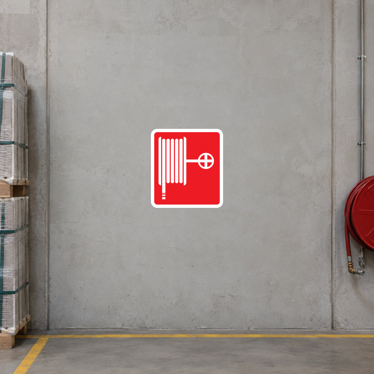 Fire hose here sticker, red square with white hose and plus sign