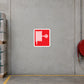 Fire hose here sticker, red square with white hose and plus sign