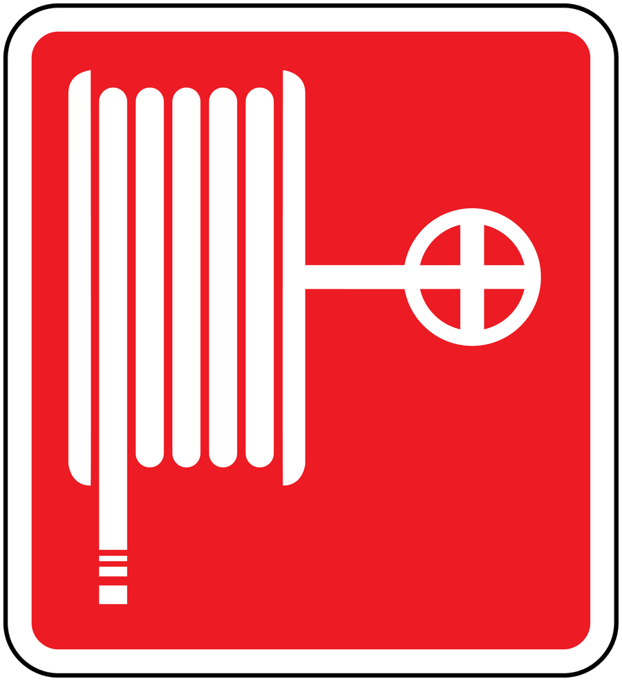Fire hose here sticker with red background, white hose icon, and target cross symbol