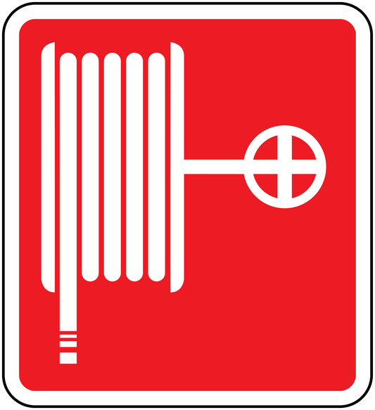 Fire hose here sticker with red background, white hose icon, and target cross symbol