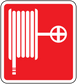Fire hose here sticker with red background, white hose icon, and target cross symbol