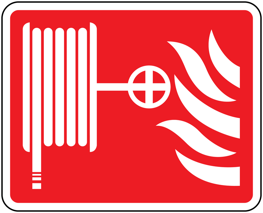 Fire hose catch-fire sticker, red with white fire hose and flame graphic