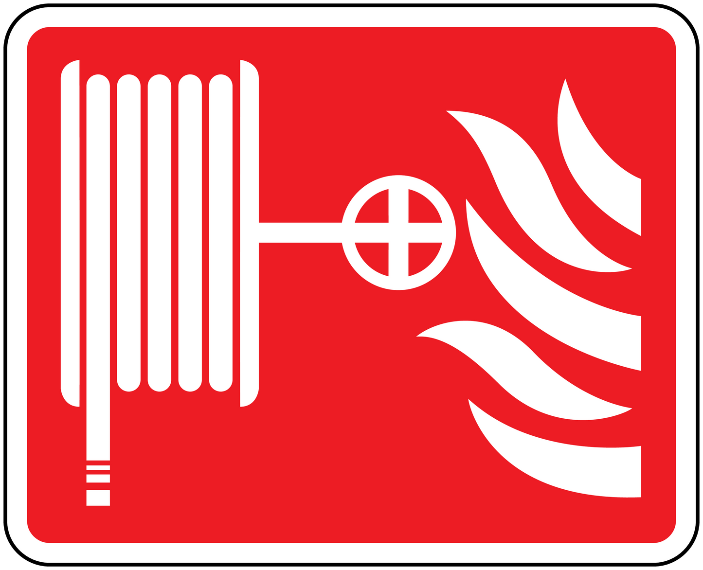 Fire hose catch-fire sticker, red with white fire hose and flame graphic