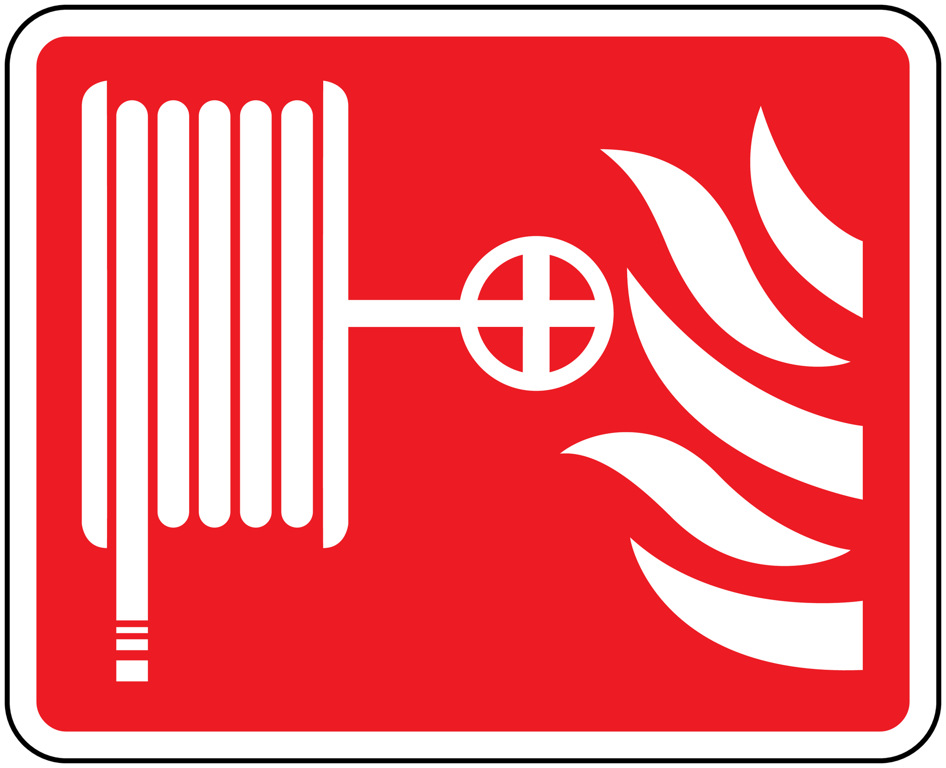 Fire hose catch-fire sticker, red with white fire hose and flame graphic