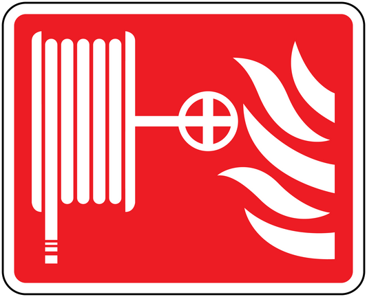 Fire hose catch-fire sticker, red with white fire hose and flame graphic