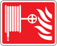 Fire hose catch-fire sticker, red with white fire hose and flame graphic