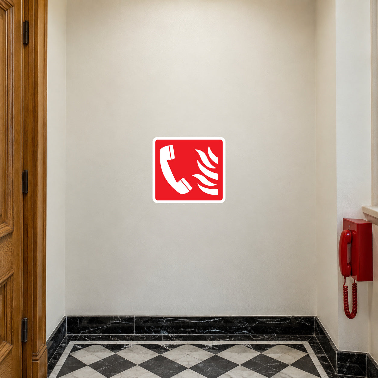 Fire phone here sticker, red square with white phone icon
