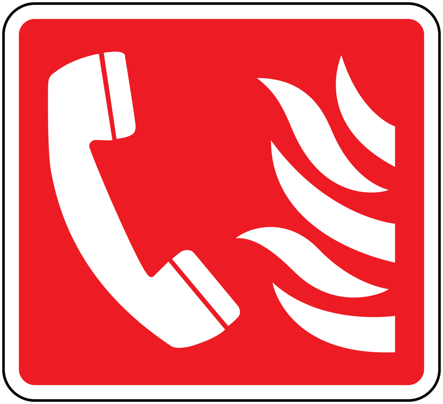 Red square sticker with white phone handset and flame icon